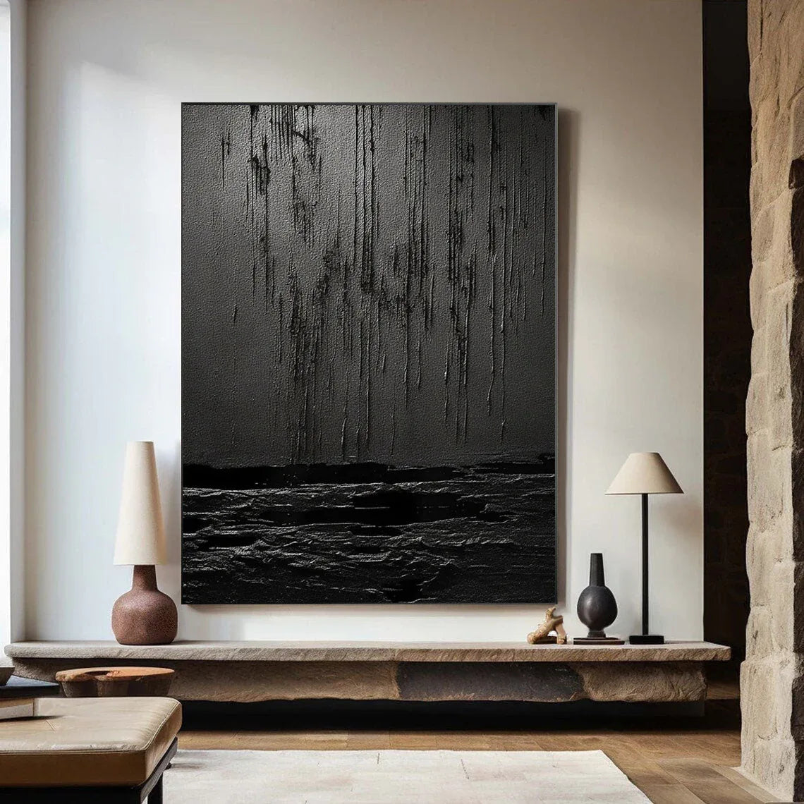 Midnight Echoes-Hand Drawn Pure Black Drip Texture Wall Art - artextured