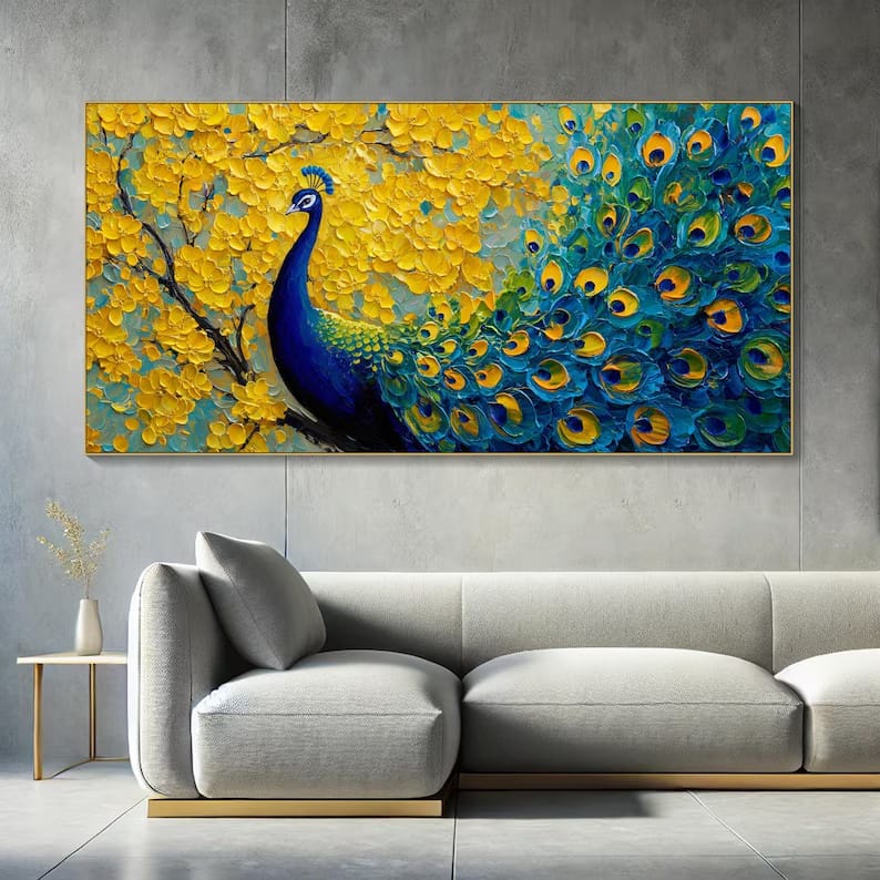 Radiant Plume - Textured Peacock Canvas Painting#AB0602002