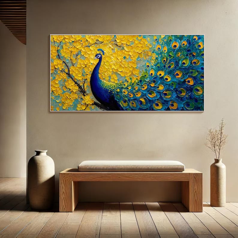 Radiant Plume - Textured Peacock Canvas Painting#AB0602002