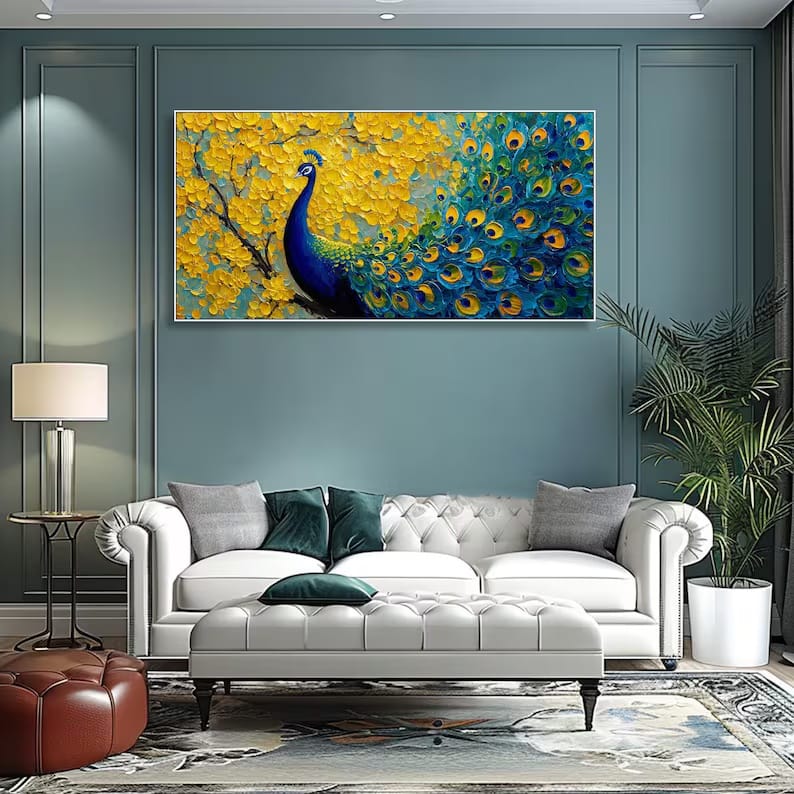 Radiant Plume - Textured Peacock Canvas Painting#AB0602002