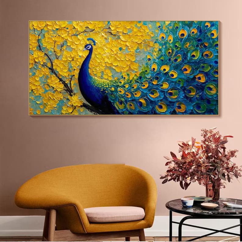 Radiant Plume - Textured Peacock Canvas Painting#AB0602002