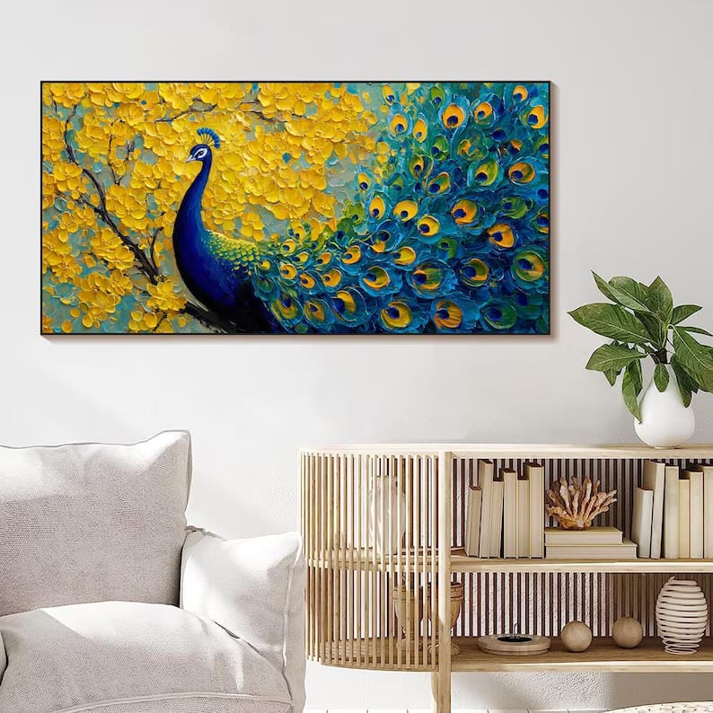 Radiant Plume - Textured Peacock Canvas Painting#AB0602002