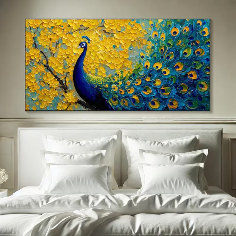 Radiant Plume - Textured Peacock Canvas Painting#AB0602002