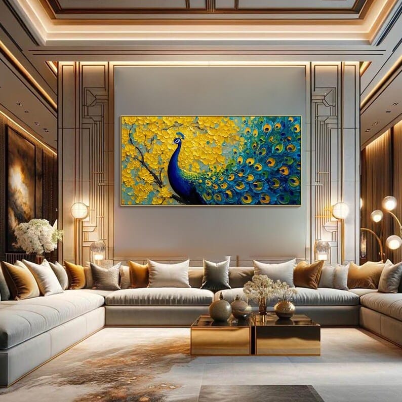 Radiant Plume - Textured Peacock Canvas Painting#AB0602002