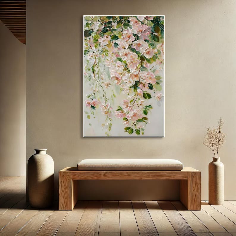 Blushing Blossom Cascade - Textured Floral Canvas Painting#AB0602005