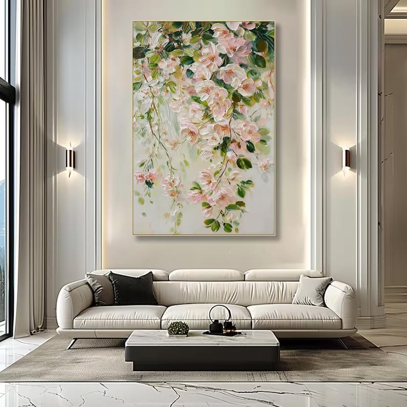 Blushing Blossom Cascade - Textured Floral Canvas Painting#AB0602005