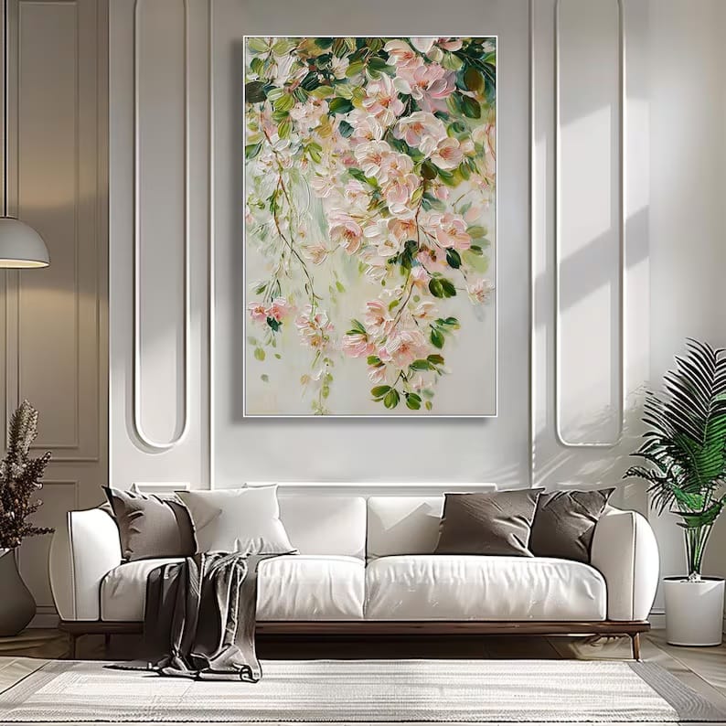 Blushing Blossom Cascade - Textured Floral Canvas Painting#AB0602005