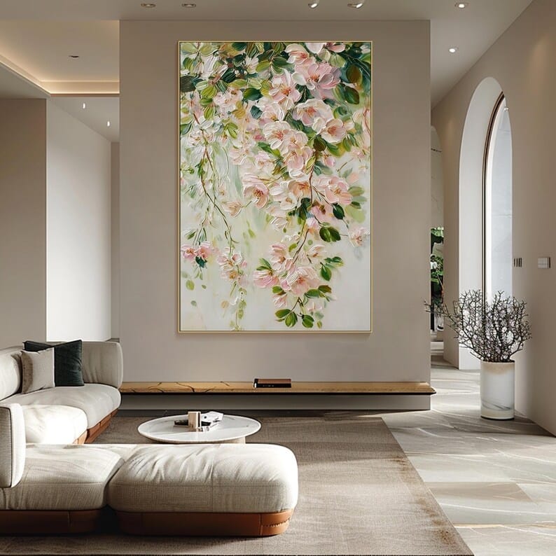 Blushing Blossom Cascade - Textured Floral Canvas Painting#AB0602005