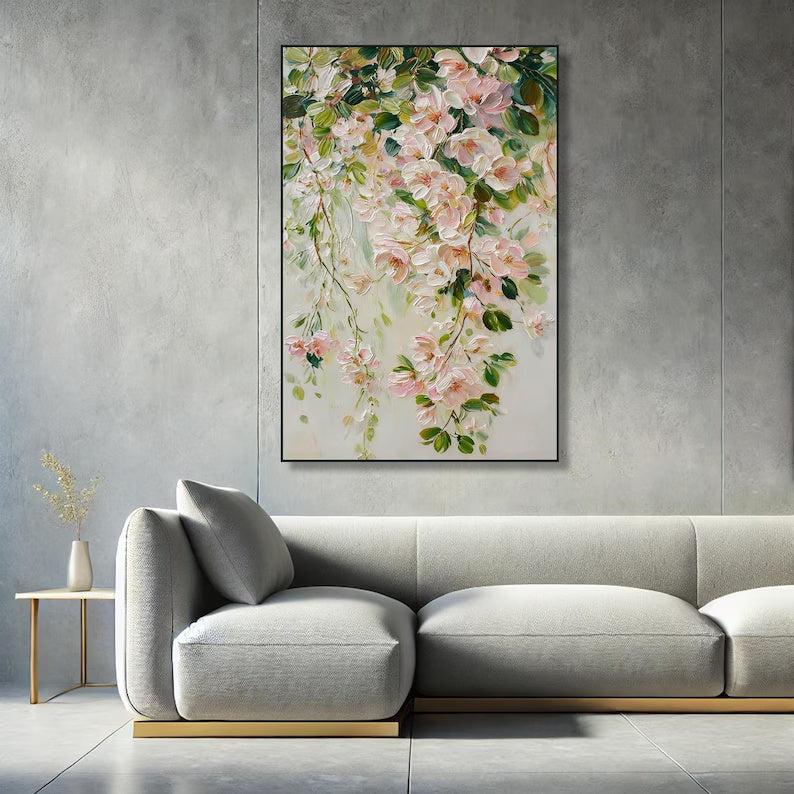 Blushing Blossom Cascade - Textured Floral Canvas Painting#AB0602005
