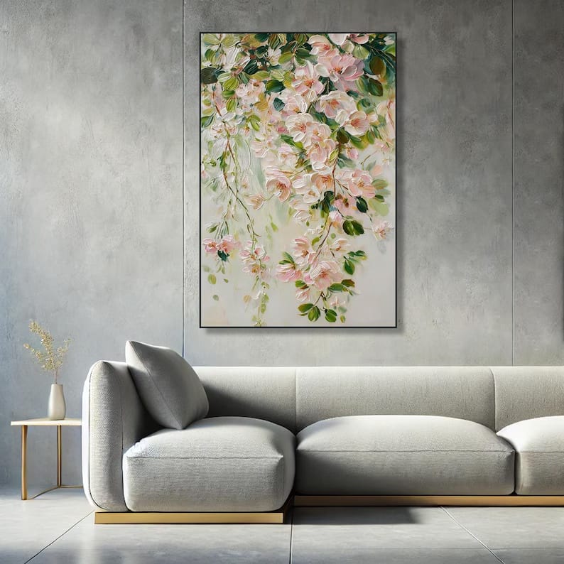 Blushing Blossom Cascade - Textured Floral Canvas Painting#AB0602005