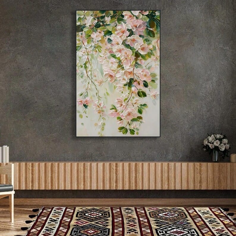 Blushing Blossom Cascade - Textured Floral Canvas Painting#AB0602005