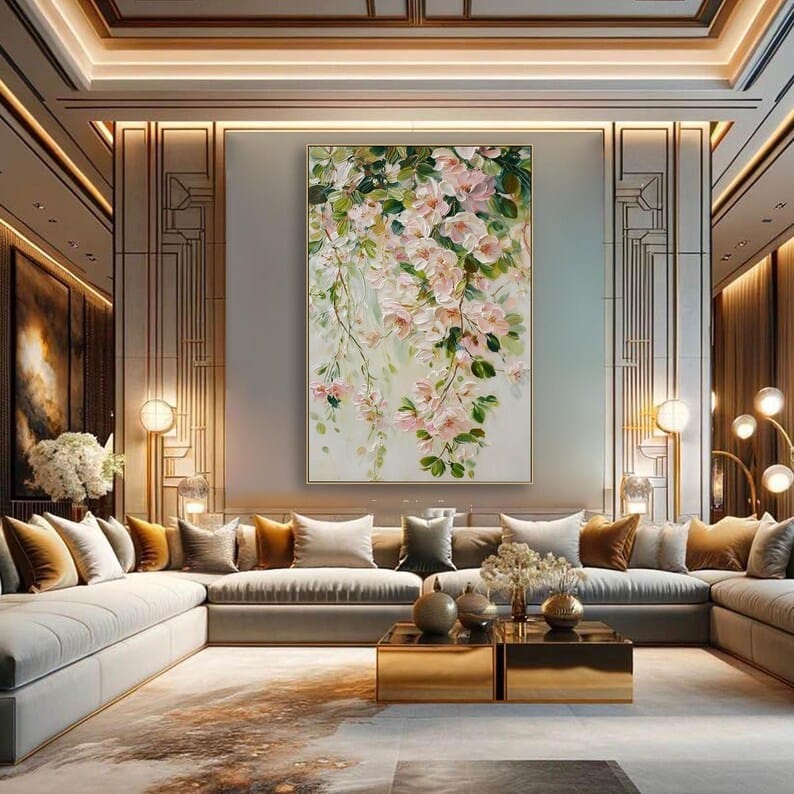 Blushing Blossom Cascade - Textured Floral Canvas Painting#AB0602005