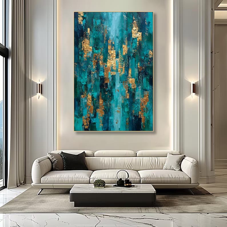 texture Gilded Teal Passage - Textured Abstract Canvas Painting#AB0602013