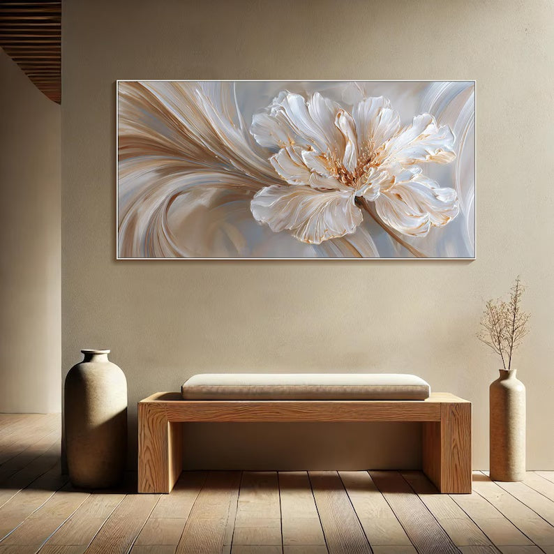 Ivory Bloom Flow - Textured White Floral Canvas Painting#AB0602014