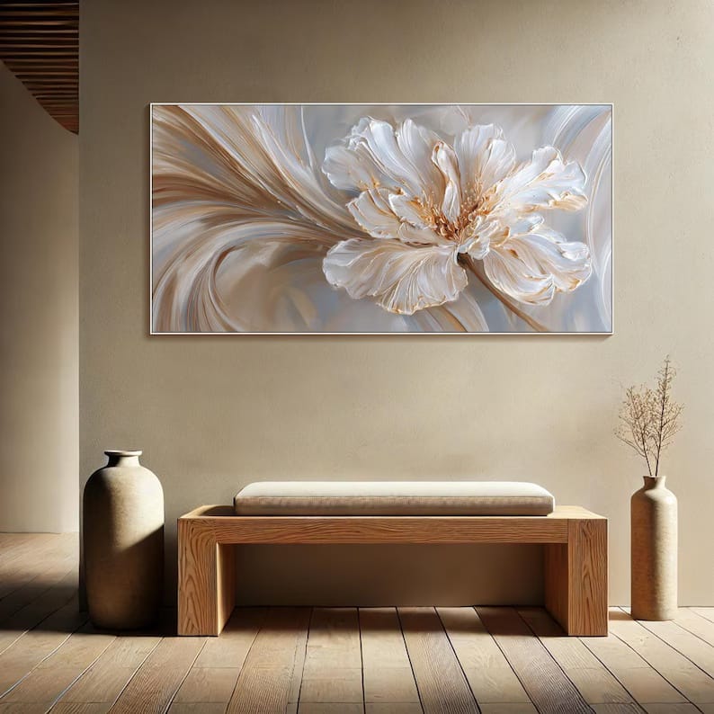 Ivory Bloom Flow - Textured White Floral Canvas Painting#AB0602014
