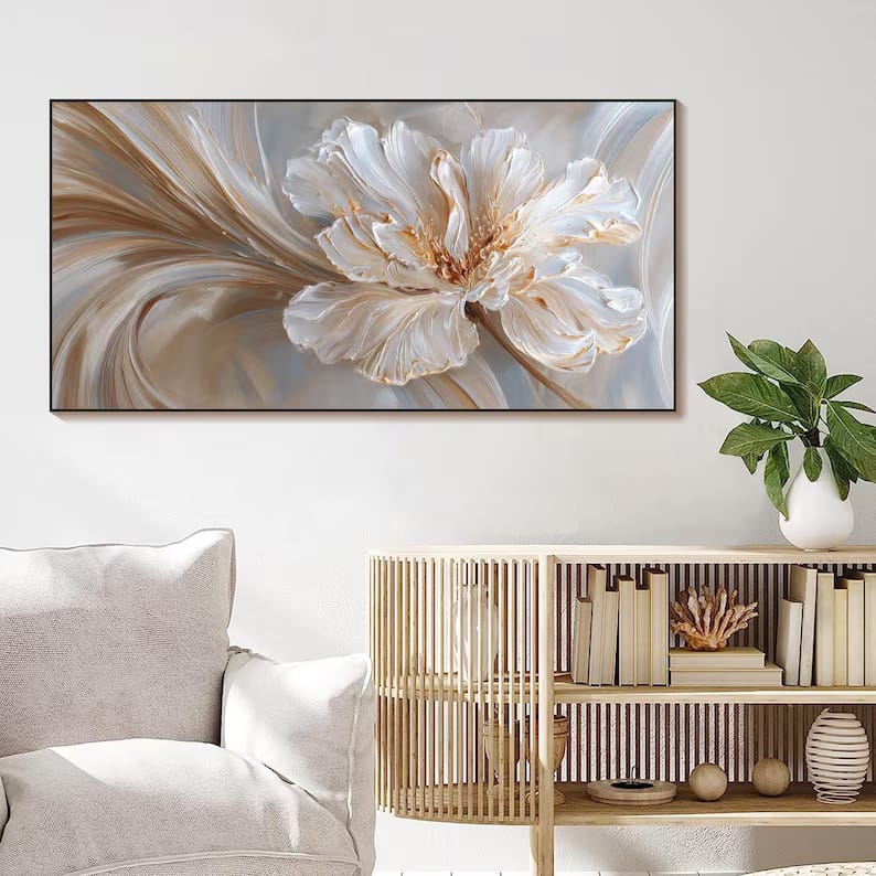 Ivory Bloom Flow - Textured White Floral Canvas Painting#AB0602014