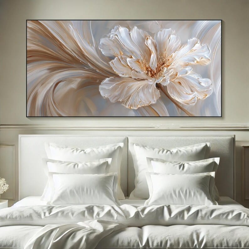 Ivory Bloom Flow - Textured White Floral Canvas Painting#AB0602014