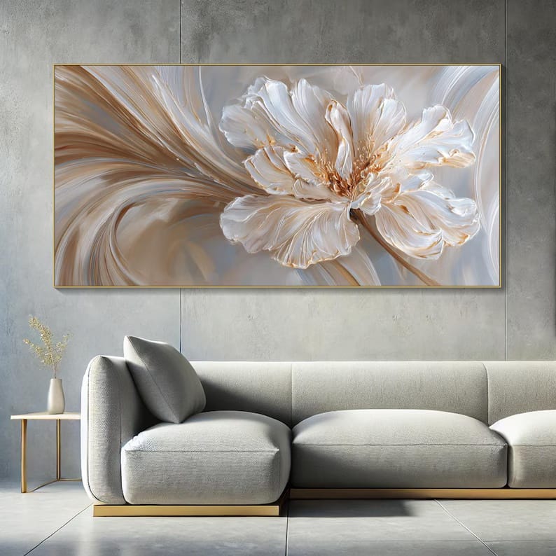 Ivory Bloom Flow - Textured White Floral Canvas Painting#AB0602014