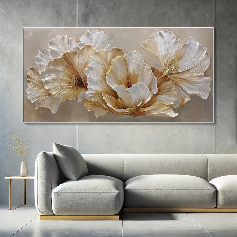 Ivory Blossom Harmony - Textured White Floral Canvas Painting#AB0602015