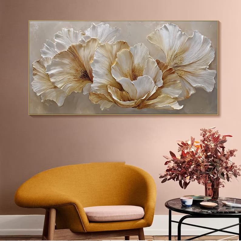 Ivory Blossom Harmony - Textured White Floral Canvas Painting#AB0602015