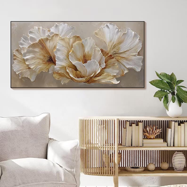 Ivory Blossom Harmony - Textured White Floral Canvas Painting#AB0602015