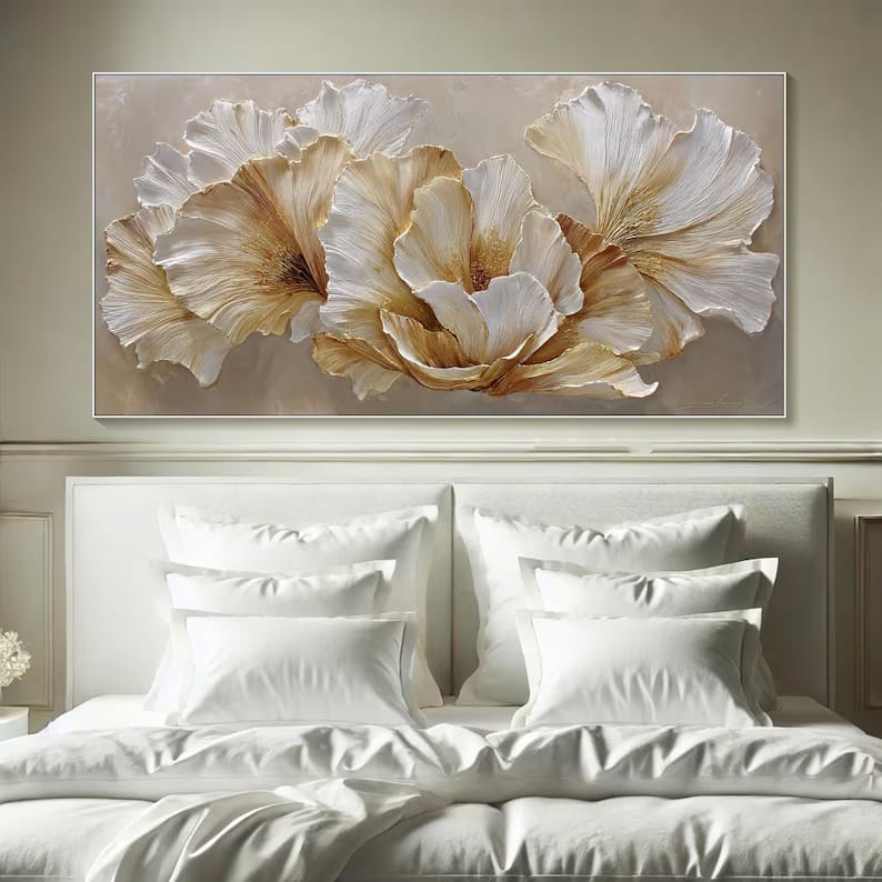 Ivory Blossom Harmony - Textured White Floral Canvas Painting#AB0602015