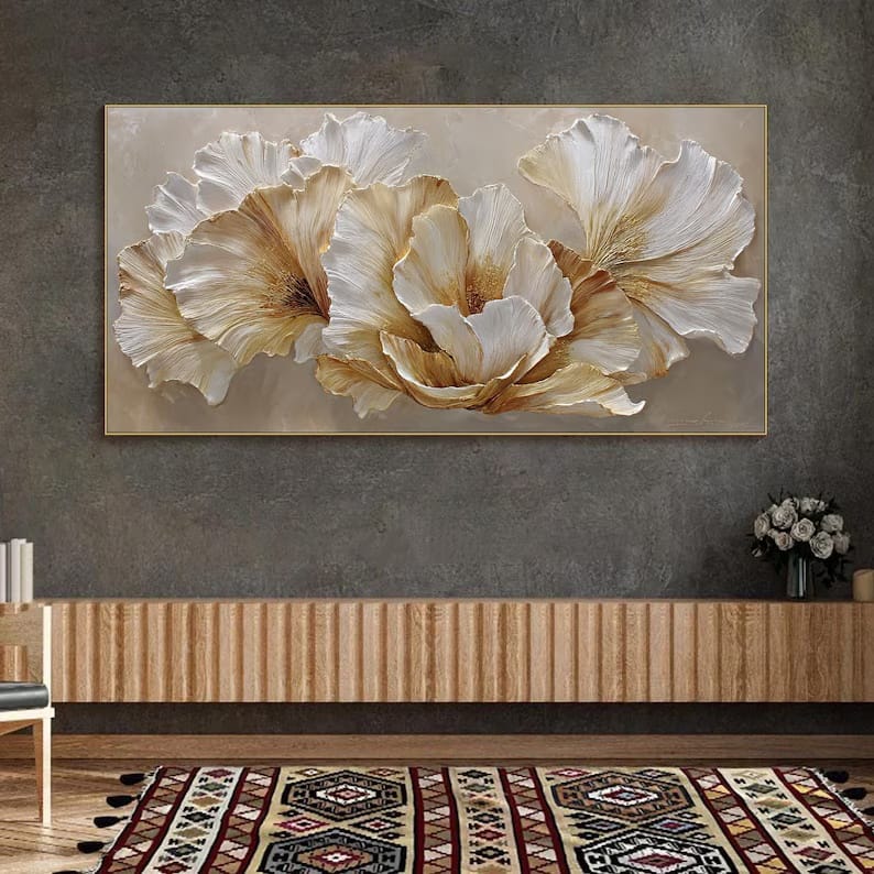Ivory Blossom Harmony - Textured White Floral Canvas Painting#AB0602015