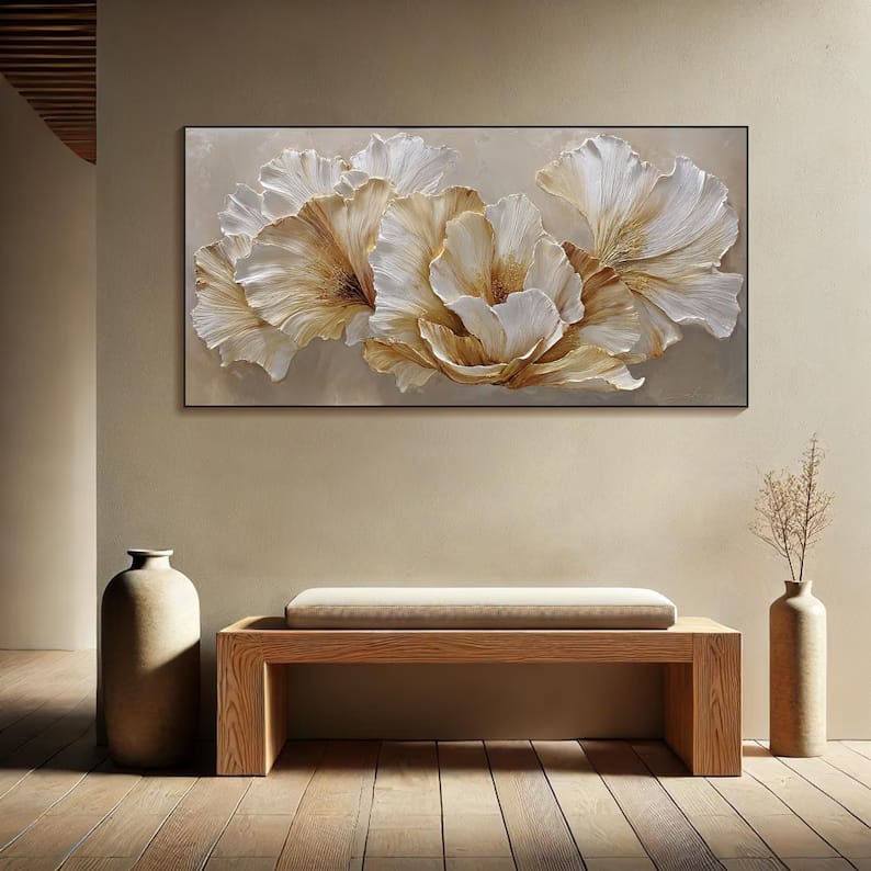 Ivory Blossom Harmony - Textured White Floral Canvas Painting#AB0602015