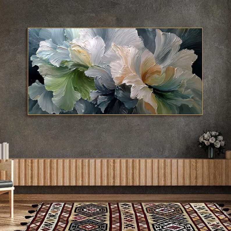 Petal Reverie - Textured White Floral Canvas Painting#AB0602016