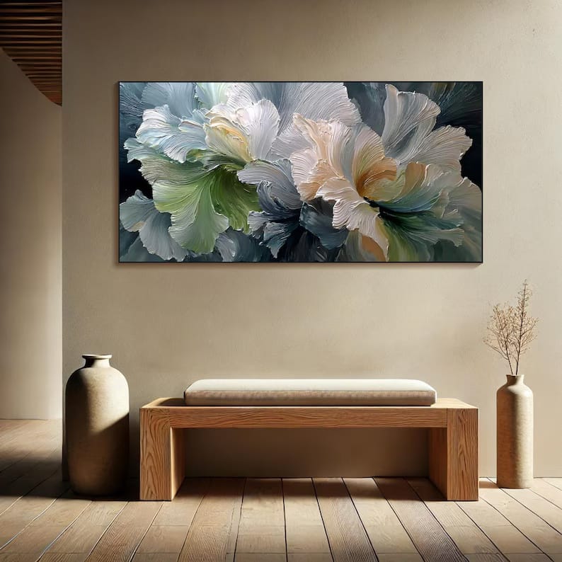 Petal Reverie - Textured White Floral Canvas Painting#AB0602016