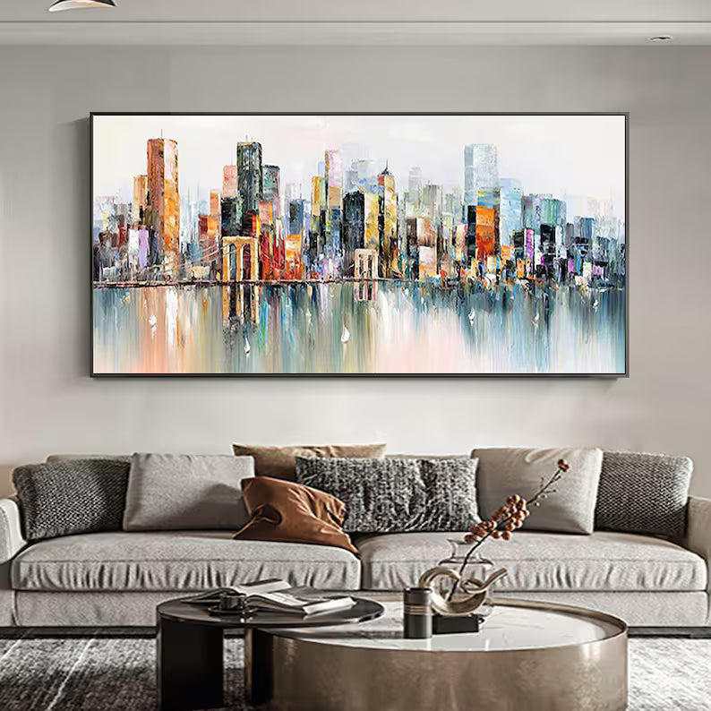 City Lights Reflection - Abstract City Skyline Canvas Painting#AB06020112