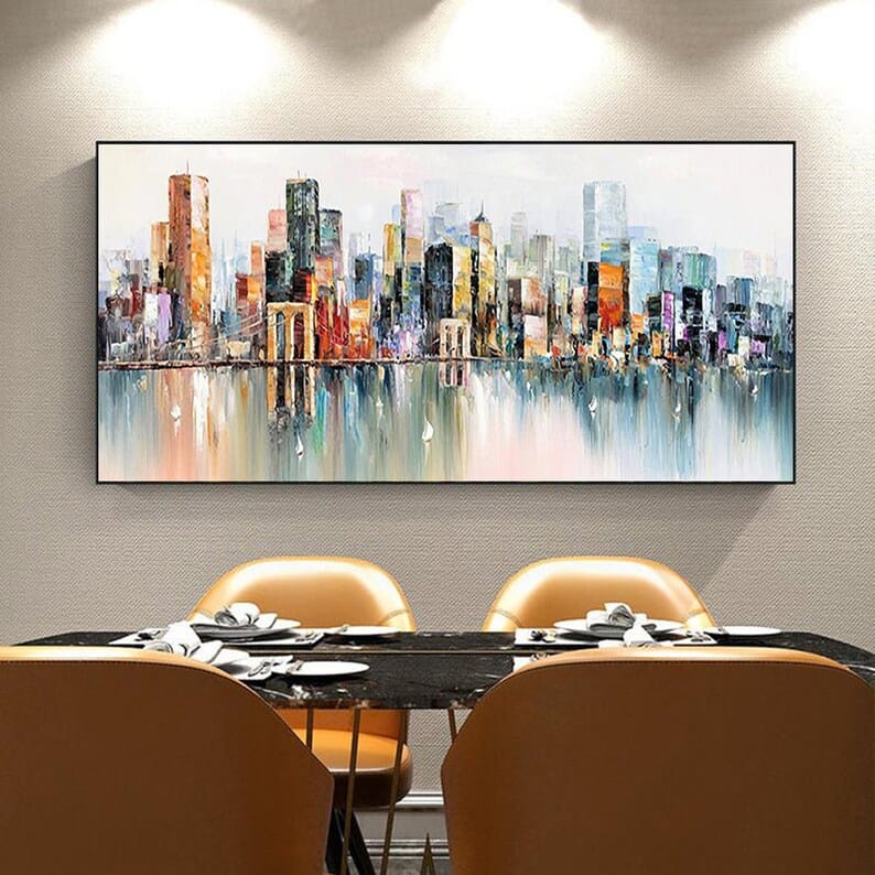 City Lights Reflection - Abstract City Skyline Canvas Painting#AB06020112