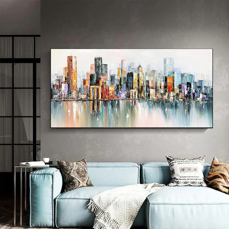 City Lights Reflection - Abstract City Skyline Canvas Painting#AB06020112