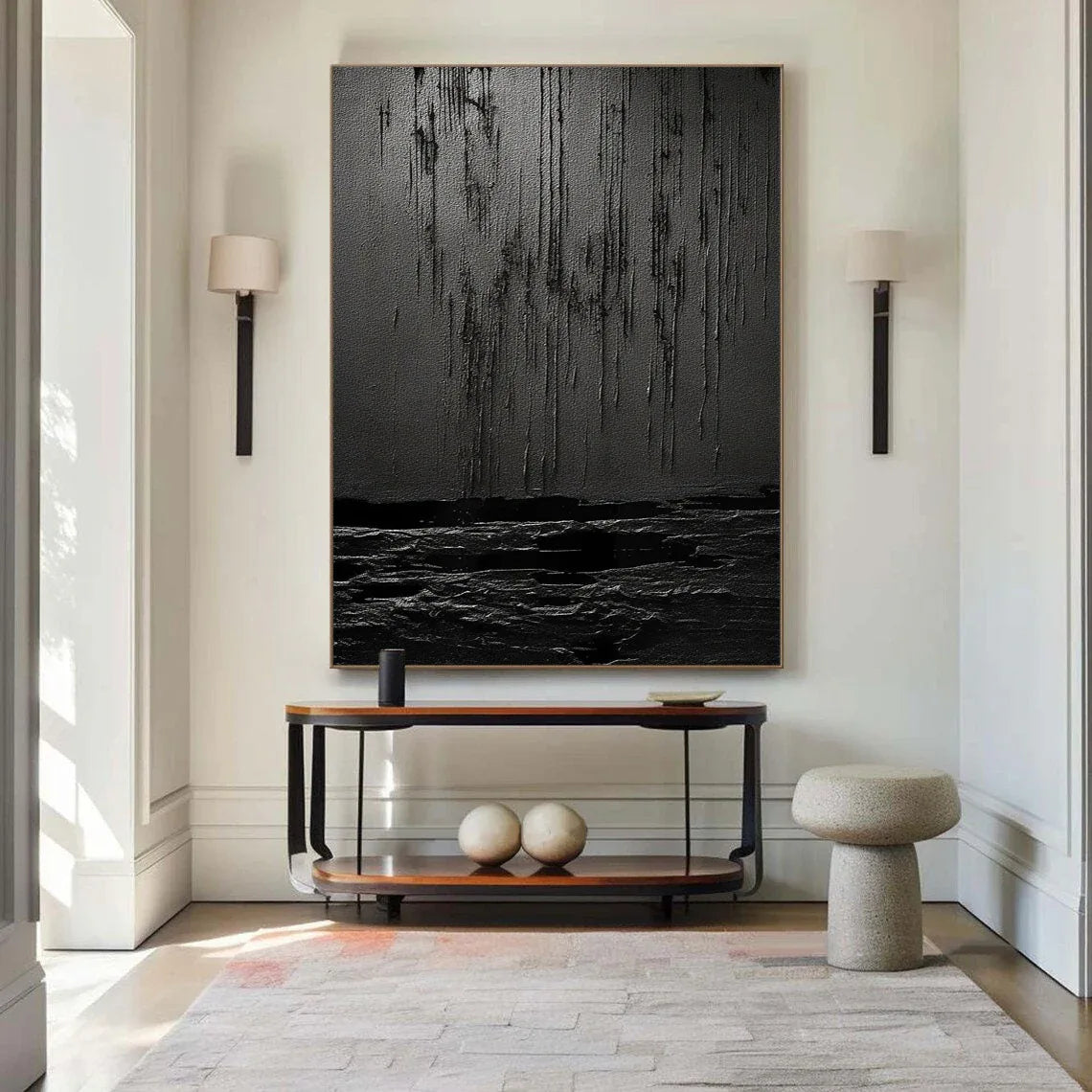 Midnight Echoes-Hand Drawn Pure Black Drip Texture Wall Art - artextured
