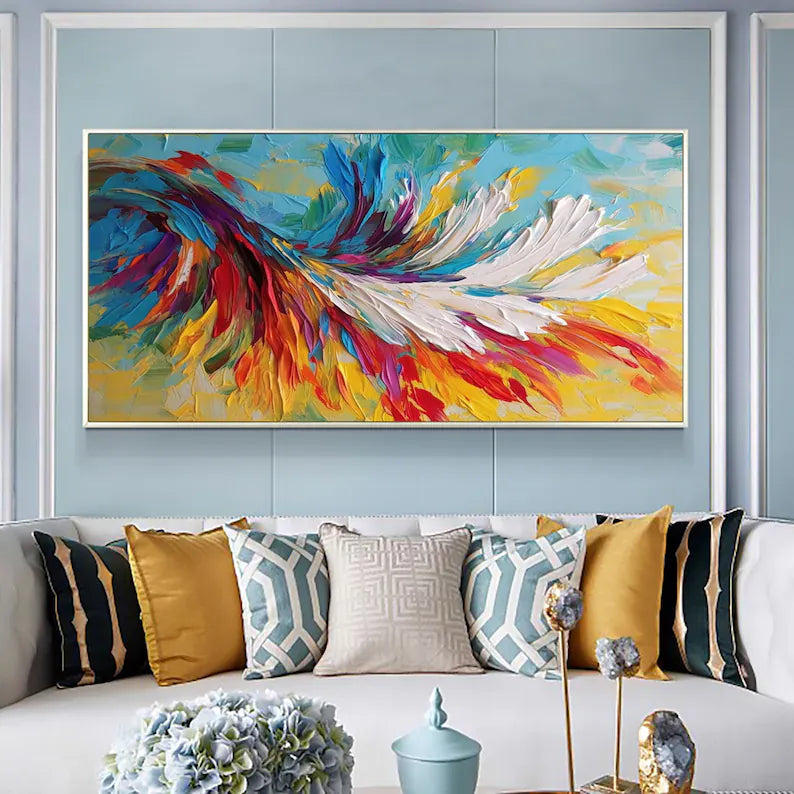 Chromatic Wings - Colorful Textured Abstract Feather Canvas Painting#AB0602017