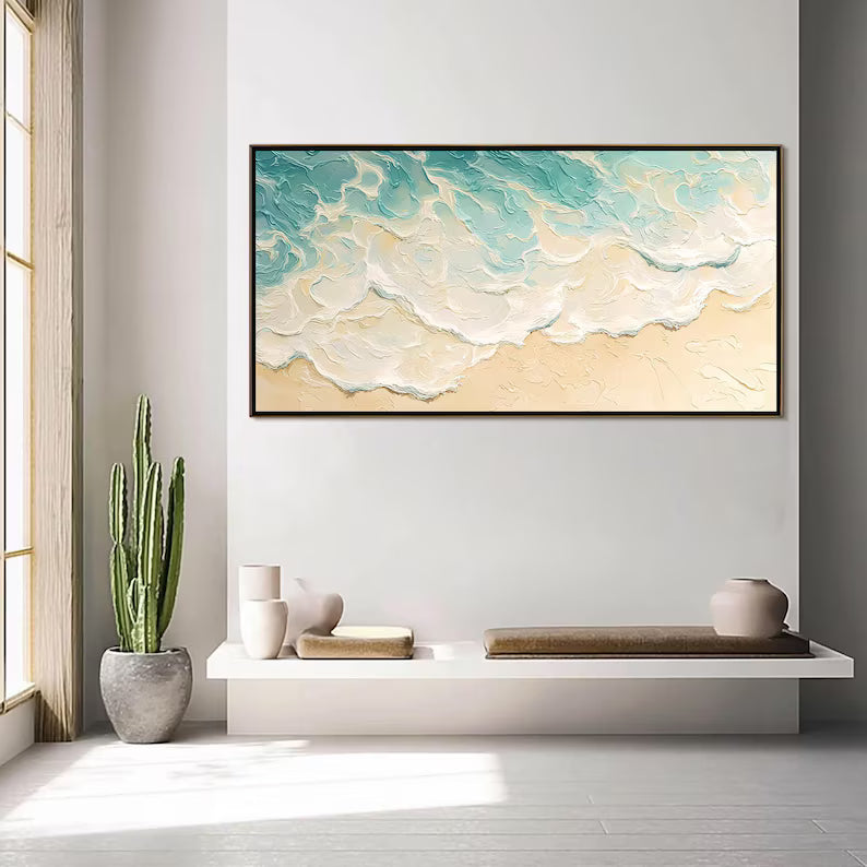 Aqua Shoreline - Textured Ocean Wave Canvas Painting#AB0602011