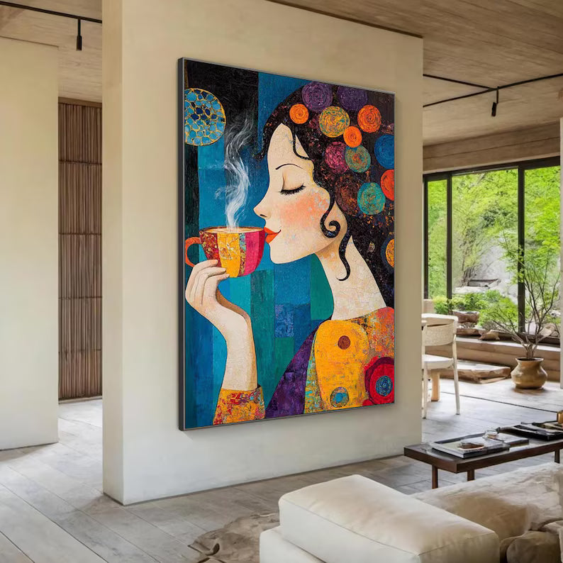 Morning Reverie - Colorful Woman Coffee Canvas Painting#AB0602007