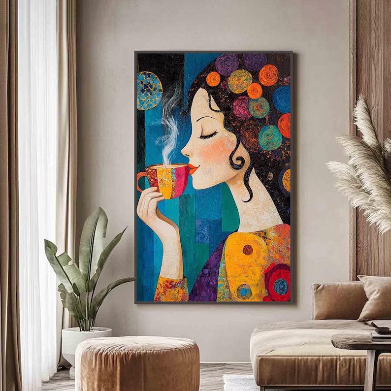 Morning Reverie - Colorful Woman Coffee Canvas Painting#AB0602007