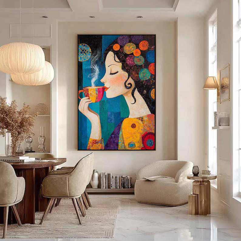 Morning Reverie - Colorful Woman Coffee Canvas Painting#AB0602007