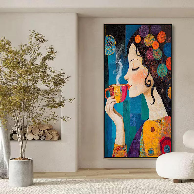 Morning Reverie - Colorful Woman Coffee Canvas Painting#AB0602007