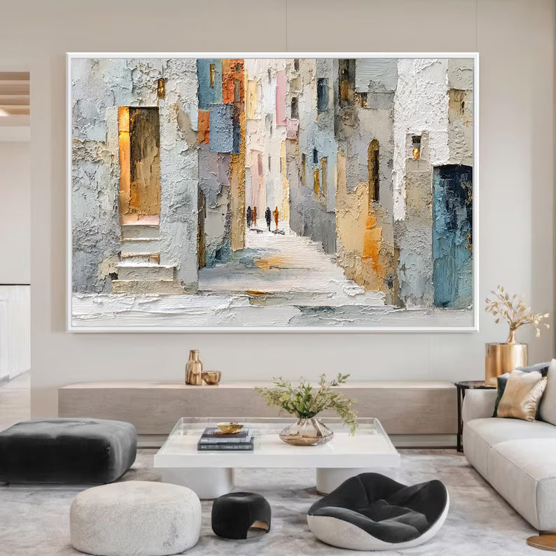 Sunlit Passage - Textured Urban Street Canvas Painting#AB0602008