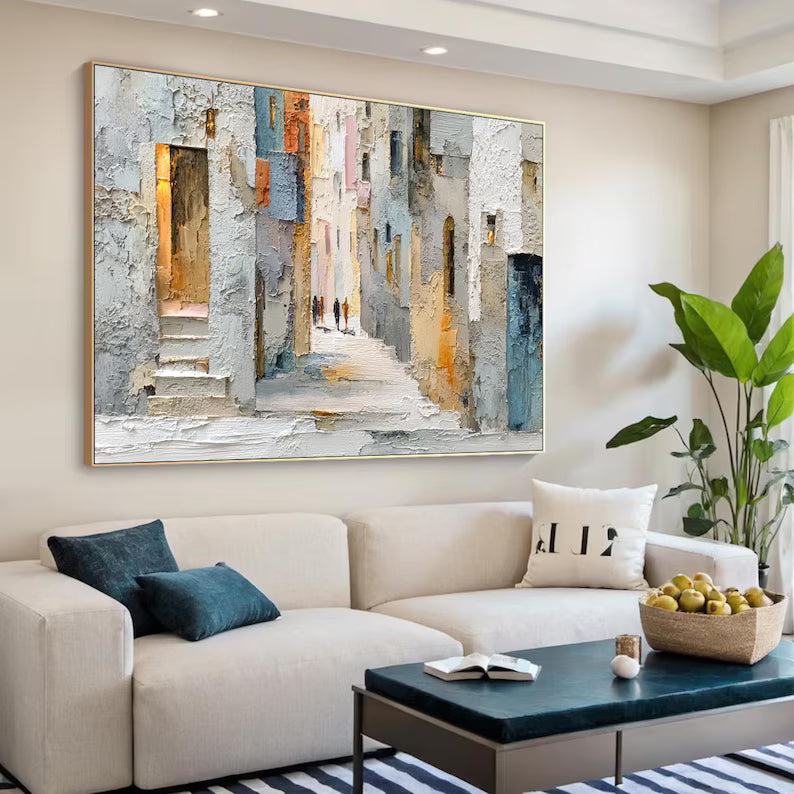 Sunlit Passage - Textured Urban Street Canvas Painting#AB0602008