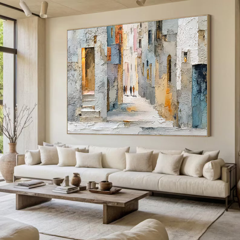 Sunlit Passage - Textured Urban Street Canvas Painting#AB0602008