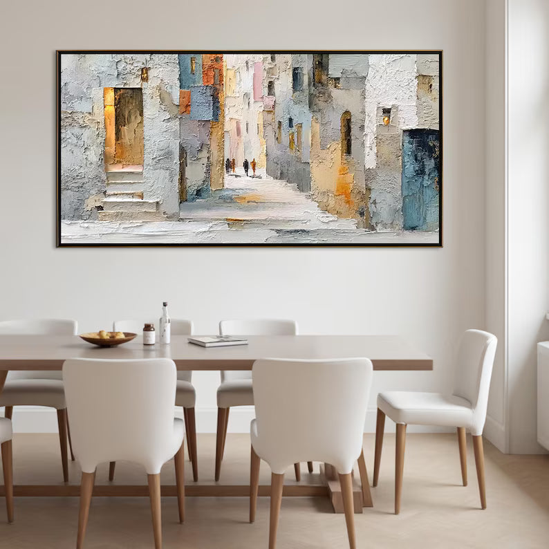 Sunlit Passage - Textured Urban Street Canvas Painting#AB0602008