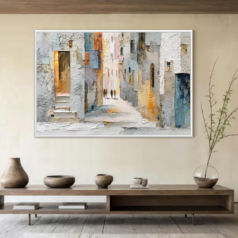 Sunlit Passage - Textured Urban Street Canvas Painting#AB0602008