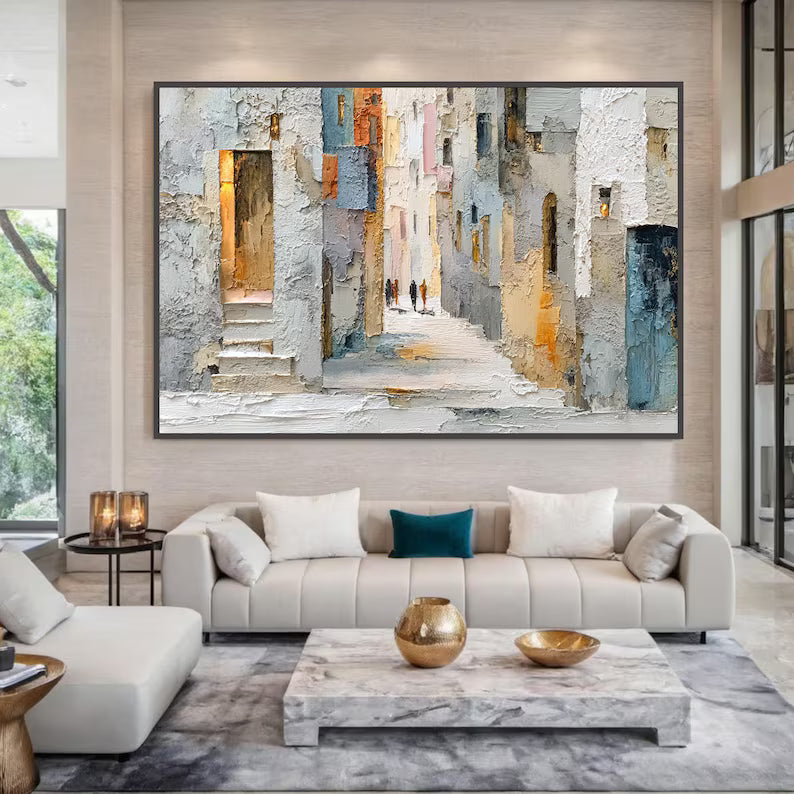 Sunlit Passage - Textured Urban Street Canvas Painting#AB0602008