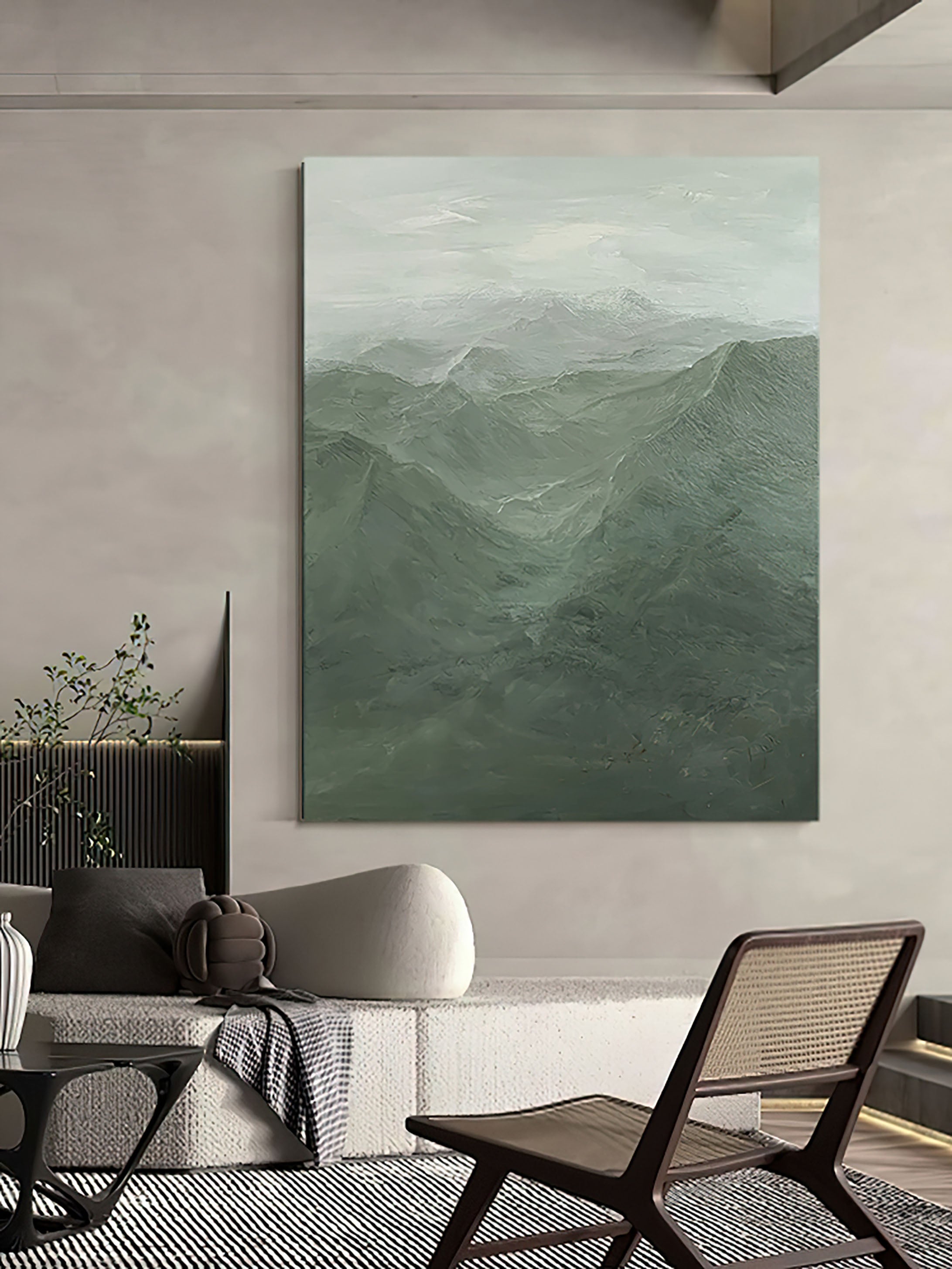 Misty Green Mountain Abstract Oil Painting - Tranquil Wall Art