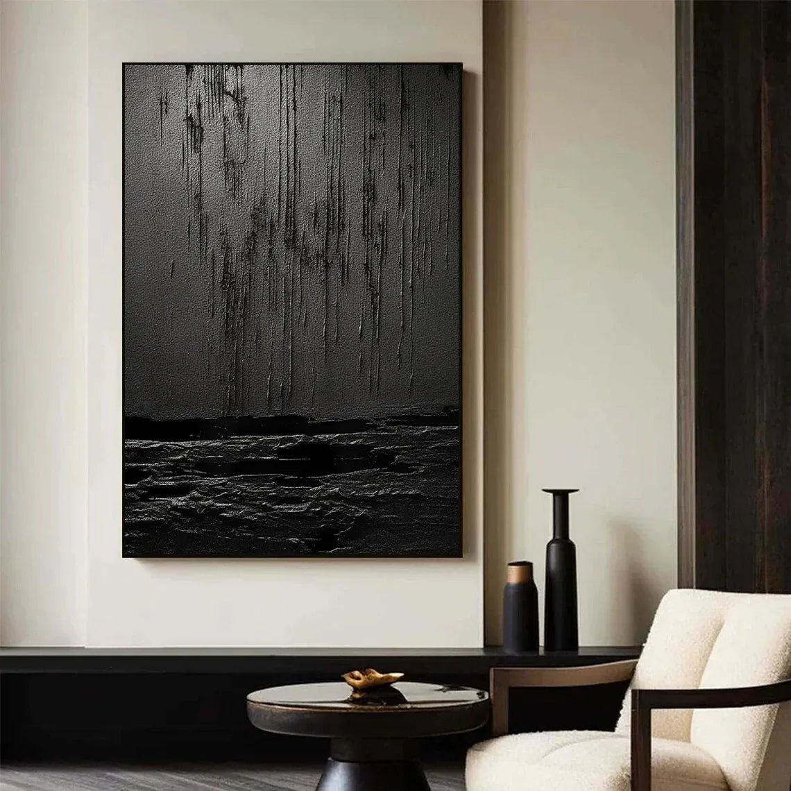 Midnight Echoes-Hand Drawn Pure Black Drip Texture Wall Art - artextured