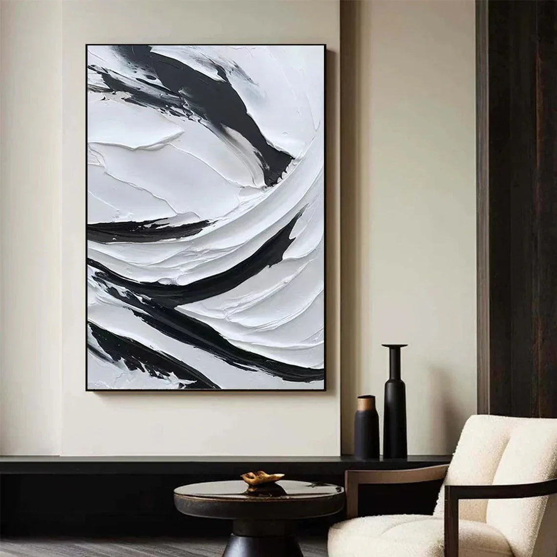 Dynamic Flow-Modern Minimalist Black and White Texture Thick Painted Abstract Wall Art - artextured
