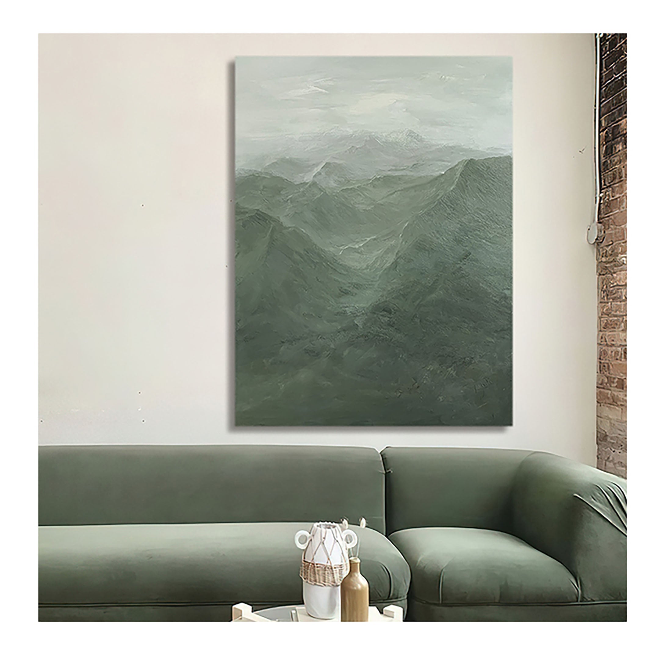 Misty Green Mountain Abstract Oil Painting - Tranquil Wall Art